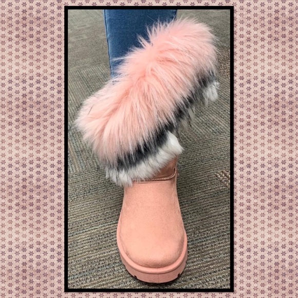 Pink Faux Fur Mid Calf Cozy Winter Flat Boots - Picture 3 of 8